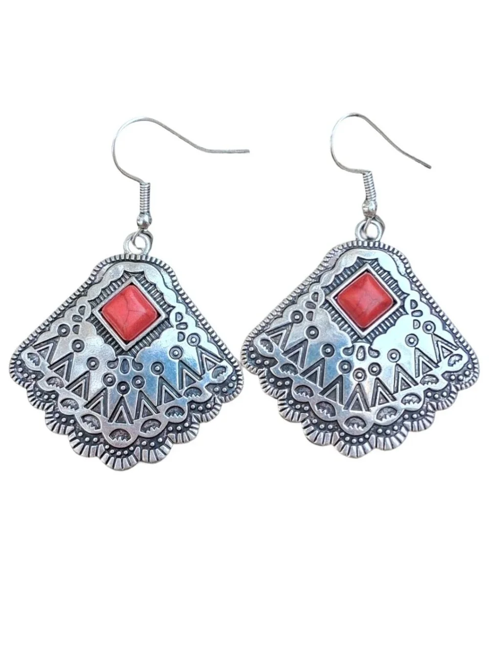 ​Western Silvertone Antique Fan Dangle Earrings with Red Stone Accent